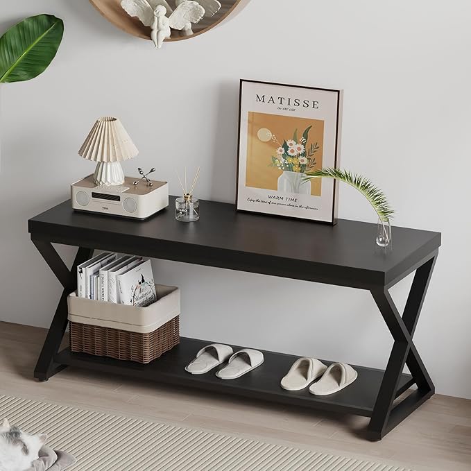 IBF Black Bench for Entryway, Black Modern Wood Bench for Bedroom Hallway Foyer, Farmhouse Entry Way Home Organizer Shoe Bench Seat with Storage Rack Indoor Under Window, 39 Inch Long