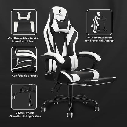 Gaming Chair with Linkage Armrest & Footrest, High Back Video Gaming Chair, Black/White