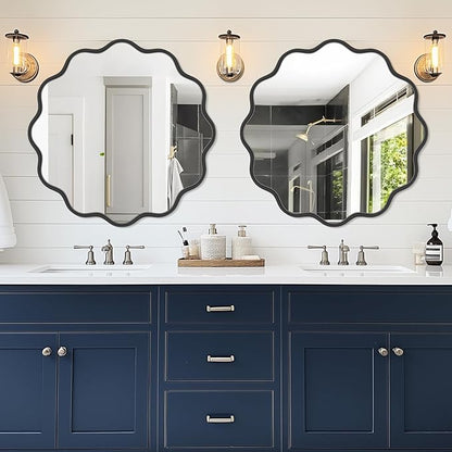 PROHOMEWARE Black Round Mirror 32 Inch Wavy Bathroom Vanity Mirror Black Frame Modern Wall Mirror Decorative Wall-Mounte Anti-Rust, Tempered Glass