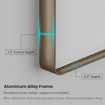 Bronze Bathroom Mirror 40x30 Inch, Brushed Bronze Metal Frame Mirror for Wall, Rounded Rectangle Bathroom Vanity Mirror with Tempered Glass, Anti-Rust, Horizontal/Vertical