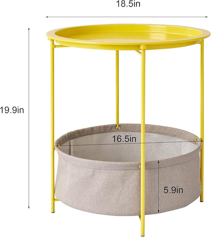 VECELO Round Side/End Table with Fabric Storage Basket，Metal Anti-Rust and Waterproof Small Bedside Nightstand with Removable Tray Top for Living Room，Balcony & Laundry，Yellow /1pcs with Basket
