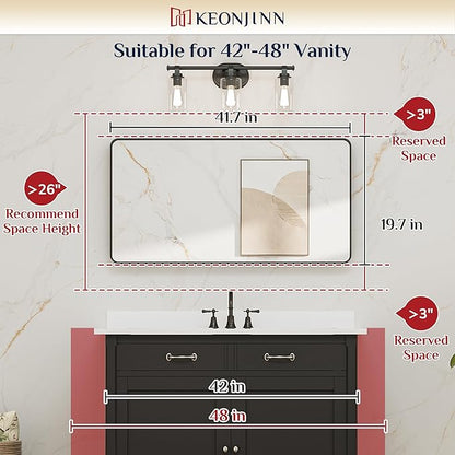 Keonjinn Black Bathroom Mirror for Over Sink, 42 x 20 Inch Rounded Rectangle Bathroom Vanity Mirror, Matte Black Farmhouse Mirror for Wall, HD Tempered Glass, Seamless Aluminum Alloy Frame Mirror