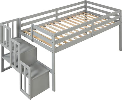 HomSof Loft Bed with Stairs and Storage,Gray