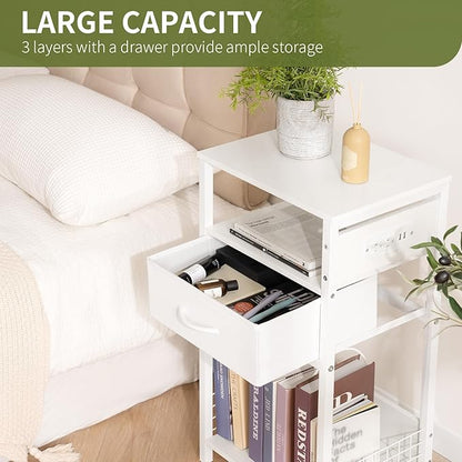 Yoobure Side Table - Night Stand with Charger Station & LED Light, 3 Tier Small End Table Living Room, Bedside Table with Drawer, Record Player Stand with Vinyl Storage, White Nightstand for Bedroom
