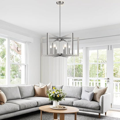 25" Modern Brushed Nickel Chandelier for Dining Room (6-Light, 25-Inch), Geometric Dining Room Light Fixture Over Table, Industrial Metal Hanging Pendant Lights for Kitchen Island, Entryway, Foyer