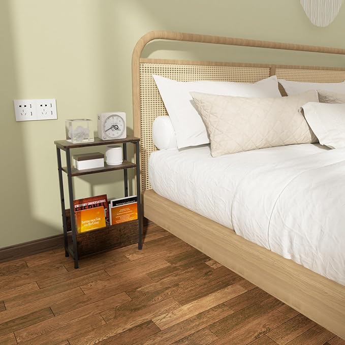 7.1" Narrow Side Table for Small Spaces, 3 Tier Small End Table with Magazine Holder, Slim/Skinny Nightstand/Bedside Table for Living Room, Bedroom, 15.4" L x 24.2" H