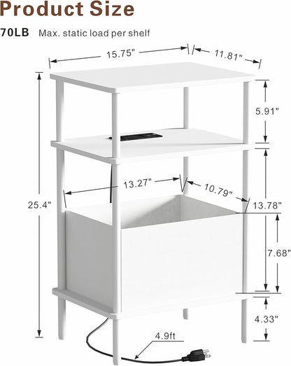 Small Side Table with Charging Station, Set of 2 End Table for Small Spaces, Slim Nightstand with Outlet,Sofa Beside Table, 3-Tier Storage Shelf,Living Room, Bed Room, Natrual White