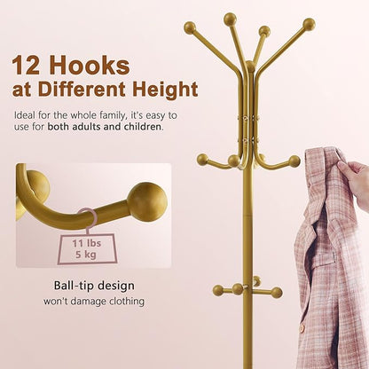 Hoctieon Coat Rack Freestanding, Coat Tree with Umbrella Holder, Metal Coat Rack Stand with 12 Hooks, Standing Coat Hanger Stand, Umbrella Stand for Entryway, Hat Rack Stand for Home Office, Gold