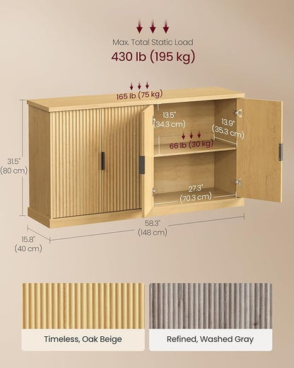 VASAGLE MAXE Collection - Buffet Cabinet, Console Cabinet, Sideboard with Adjustable Shelves, Fluted Doors, Transitional, Kitchen Pantry, Oak Beige UBBK382Y01S