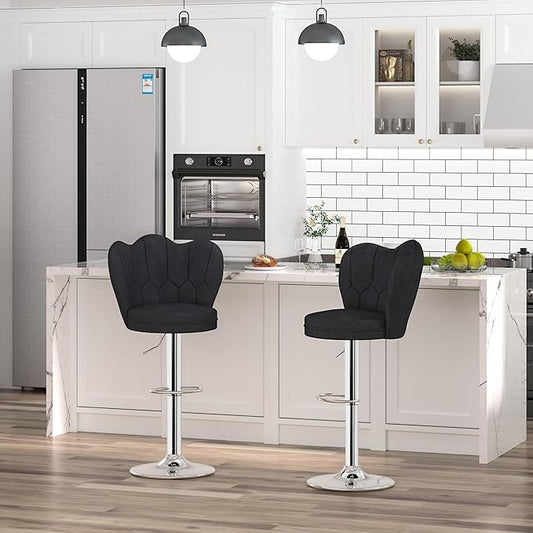 VECELO Bar Stools Set of 4, Adjustable Barstools with Back, Velvet Armless Counter Height Stool Kitchen Island Stool Swivel Bar Chairs for Pub Dining Room Living Room, Black
