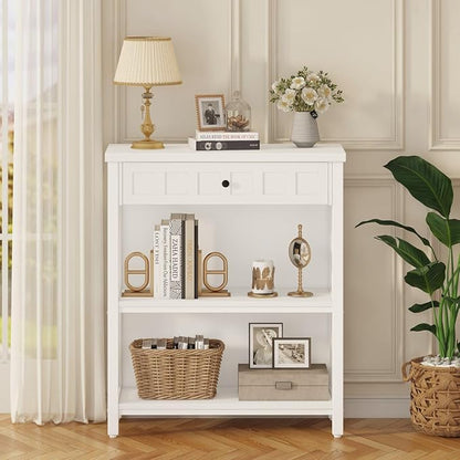 FATORRI Small Bookcase with Drawer, Wood and Metal Bookshelf for Small Space, Short Book Shelf and Low Book Case for Living Room (White Oak)