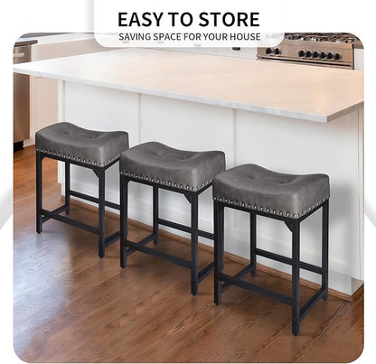 Counter Height Bar Stools Set of 3, Stools for Kitchen Island Set of 3, 24 Inch Counter Stool Saddle Backless Barstools for Kitchen Counter -Grey