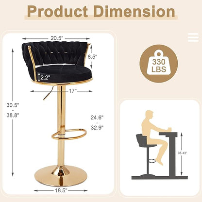 VECELO Bar Stools Set of 2, Adjustable Barstools Counter Height Stools with Back and Arm, Velvet Woven Kitchen Island Stools w/Gold Metal Leg & Base, 360° Swivel Bar Chair for Pubs Dining Room, Black
