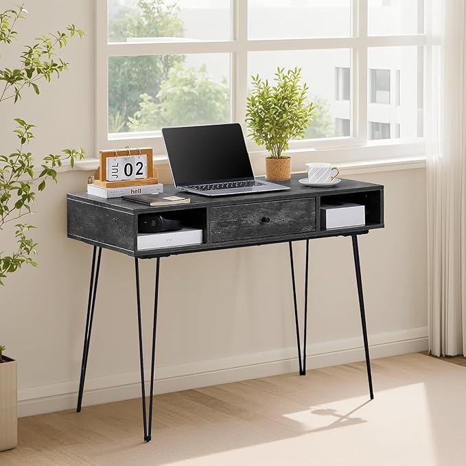 VECELO 39.3" Home Office Work Table with Drawers,Computer Desk with Hairpin Leg for Writing/Study,Classic Grey