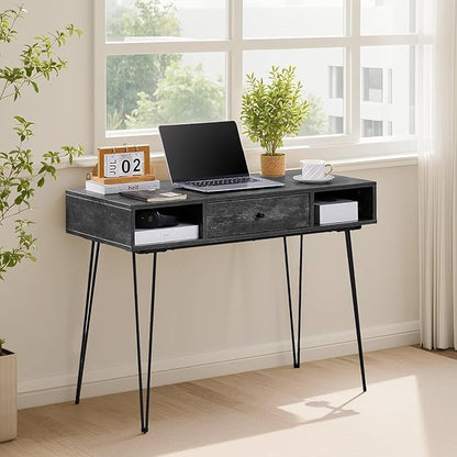 VECELO 39.3" Home Office Work Table with Drawers,Computer Desk with Hairpin Leg for Writing/Study,Classic Grey