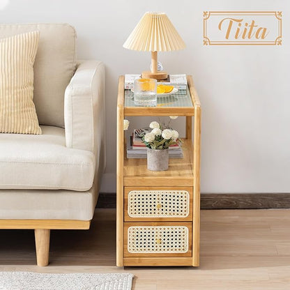 Tiita Rattan Nightstand Side Table, Bamboo Accent Bedside Tables, Glass Coffee Tables, Boho Wooden End Table with Storage for Small Space, Living Room and Bedroom