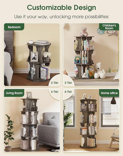 4 Tier Rotating Bookshelf, Spinning Bookshelf Tower Lazy Susan, Corner Revolving Storage Rack for Bedroom, Study Room, Kids Room, Living Room, Office, Gray