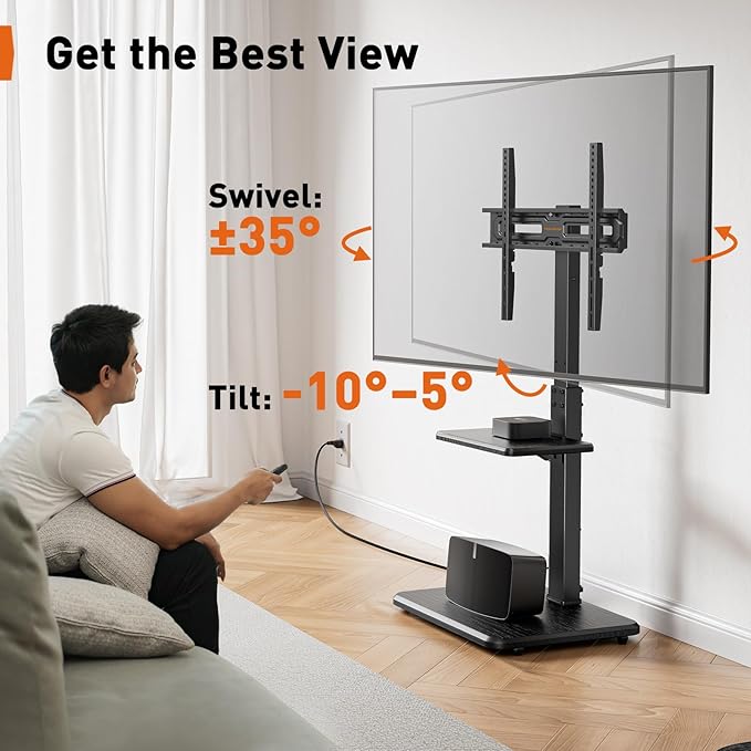 Perlegear Floor TV Stand with Power Outlet, Universal TV Stand for 32-75 inch TVs up to 110 lbs, Height Adjustable Standing TV Mount, Tall TV Mount with Wood Base, Max VESA 600x400mm, PGFS06