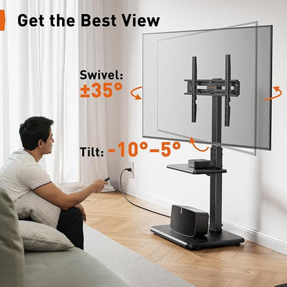 Perlegear Floor TV Stand with Power Outlet, Universal TV Stand for 32-75 inch TVs up to 110 lbs, Height Adjustable Standing TV Mount, Tall TV Mount with Wood Base, Max VESA 600x400mm, PGFS06