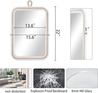 Nautical Rope Mirror Rectangular Hanging Mirrors for Wall 22''Lx16''W White Decorative Mirror Farmhouse Mirror with Rope for Bathroom,Livingroom,Entryway-Beachy Coastal Wall Decor
