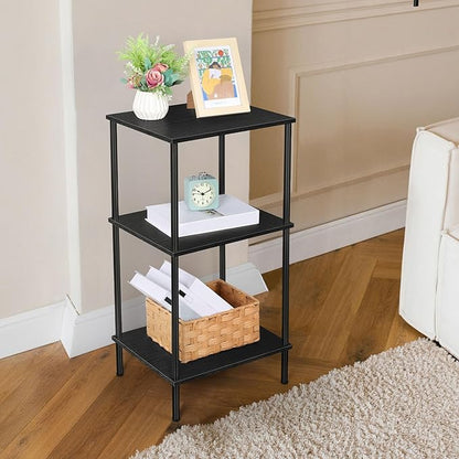 Tall Side Table with Storage 3 Tier Black End Table Metal Storage Shelves for Living Room Bedroom Bathroom Small Slim Table for Office