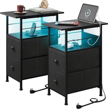 WLIVE Nightstand Set of 2 with Charging Station, End Table Sets with LED Lights, 2 Fabric Drawers and Open Shelf, Bed Side Tables Living Room, Small Space, Night Stand for Bedroom, Black