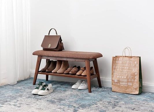 Shoe Entryway Bench, Bamboo Shoe Rack Bench, Organizer with 2 Tier Storage Simple Style Good Load Bearing, Ideal for Entryway Hallway Living Room,(Brown,35.4'')