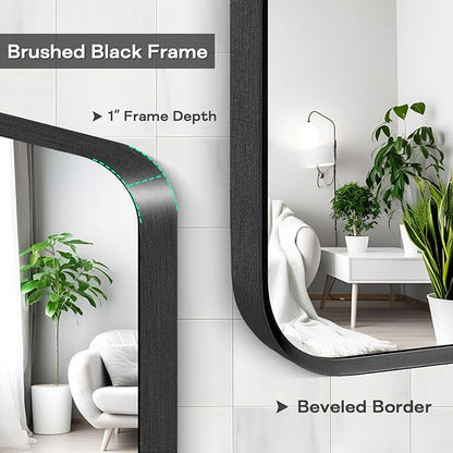 Wall Mount Mirror for Bathroom, Brushed Black Metal Framed Rounded Corner Rectangular Vanity Mirror (18" x 24", Black)