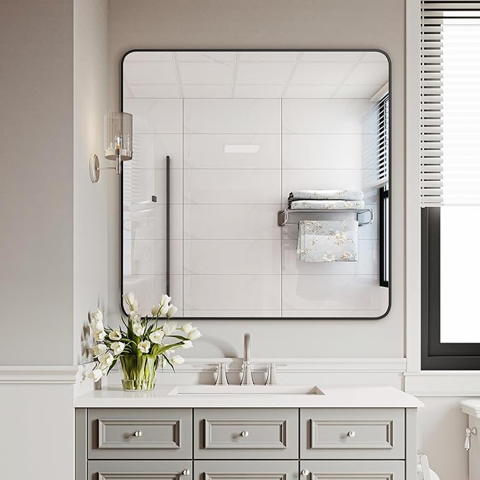 Delma Bathroom Vanity Mirror, Black Framed Bathroom Mirror for Over Sink, High-Definition Bathroom Mirror, Versatile Bathroom Vanity Mirror, Hangs Horizontally or Vertically(30x30, Black)