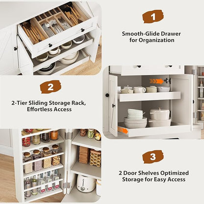 55" Buffet Cabinet with Storage, Kitchen Buffet Sideboard with Pull-Out Shelves and Drawer, Wood Farmhouse Coffee Bar Cabinet with 4 Adjustable Shelves, Kitchen Pantry for Living Room, White