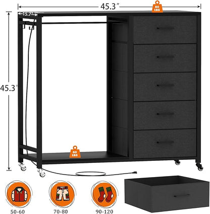 Cyclysio Dresser for Bedroom with Clothes Rack, 5 Fabric Drawers Dresser with Charging Station & LED Lights, Black Storage Chest of Drawers with Wheels, Wooden Top, Lockable Wheels, Closet, Black