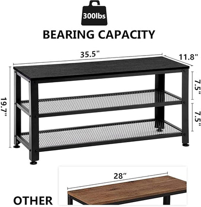 Apicizon Shoe Rack, 35.5 Inches 3-Tier Shoe Rack for Entryway with Long Seat and Metal Shelves for Garage, Industrial Storage Bench with Steel Structure for Living Room, Bedroom, Mudroom, Black
