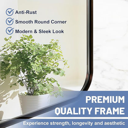 24x36 Inch Brushed Bronze Bathroom Mirror for Wall, Metal Framed Rectangle Mirror with Rounded Corner, Bathroom Vanity Mirror in Aluminum Alloy, Hangs Horizontally or Vertically