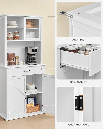 VASAGLE 71" Kitchen Pantry Cabinet with Lights and Charging Station, Coffee Bar Cabinet with Doors and Drawer, Farmhouse Style, Adjustable Shelves, Cloud White UBBK363W11