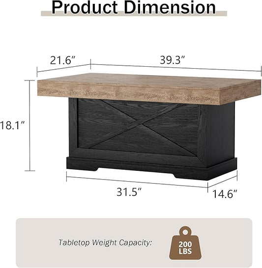 Coffee Table 39 in Rustic Center Table with X-Design Wooden Pedestal for Living Room, Space Saving, Easy Assembly Rectangle Home Office Tea Accent Table for Apartment, Dark Oak Black