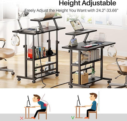 Adjustable Height Standing Desk with Power Outlets, Rolling Stand Up Desk with Monitor Stand and Storage Shelves, 31.5" Small Mobile Computer Desk, Portable Laptop Table (Black with Monitor Stand)
