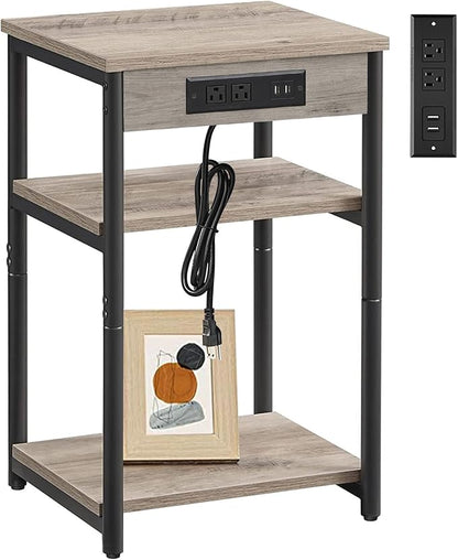 TUTOTAK End Table with Charging Station, Nightstand, 3-Tier Couch Side Table with USB Ports and Outlets, Bedside Table for Small Space, Living Room TB01BG026