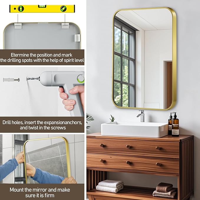 Matte Gold Mirror, 24x36 Inch Brushed Gold Mirror, Aluminum Alloy Framed Vanity Mirror, Rounded Rectangle Bathroom Mirror for Over Sink, Anti-Rust Wall Mirror (Horizontally or Vertically)