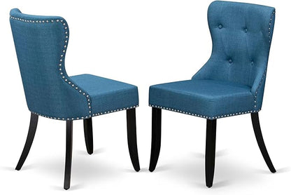 NKSI9-SBB-21-9-Piece Kitchen Table Set Consists of a Dinner Table and 8 Blue Linen Fabric Upholstered Chairs with Button Tufted Back - Sand Blasting Black Finish