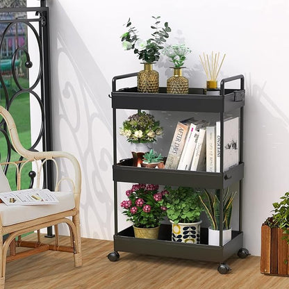 SOLEJAZZ 3 Tier Rolling Storage Cart with Wheels Slim Craft Nail Makeup Snack Art Baby Utility Cart Organizer on 2 Lockable Wheels for Bathroom Laundry Room Kitchen Bedside Narrow Spaces, Black