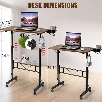 SIDUCAL Standing Desk Adjustable Height, Small Mobile Stand Up Desk with Wheels, Portable Computer Desk for Walking Pad, Rolling Table for Home Office Classroom, Rustic Brown
