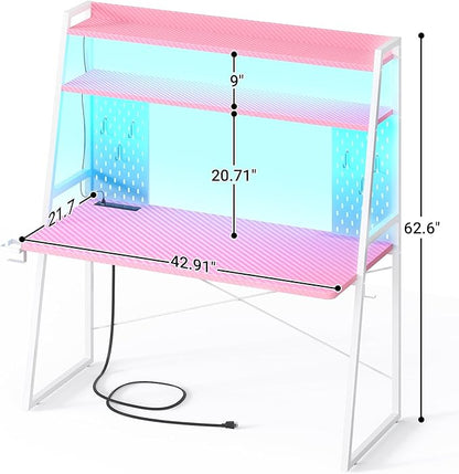 Small Gaming Desk with Hutch and LED Lights, Gaming Computer Desk with Power Outlets, Gamer Desk with Storage Shelves, Game Desks with Pegboards for Bedroom Small Spaces, Pink, 43"
