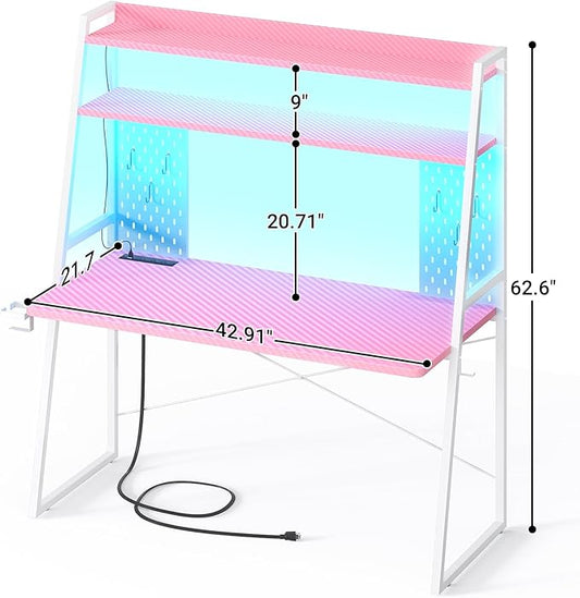 Small Gaming Desk with Hutch and LED Lights, Gaming Computer Desk with Power Outlets, Gamer Desk with Storage Shelves, Game Desks with Pegboards for Bedroom Small Spaces, Pink, 43"