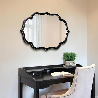 Empire Art Direct Curved Scalloped Wall Mirror on Black Matte Frame with Washed White Edges, Living Room, Bedroom & Office, 24" x 40" x 1"