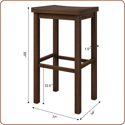 Grain & Grove Smith Collection Set of 2 Solid Wood Bar Stools, 30 inch Saddle-Seat Bar Chairs, Backless, Heavy-Duty Construction, Footrest Support, for Kitchen Islands, Home Bars, and Counters, Walnut