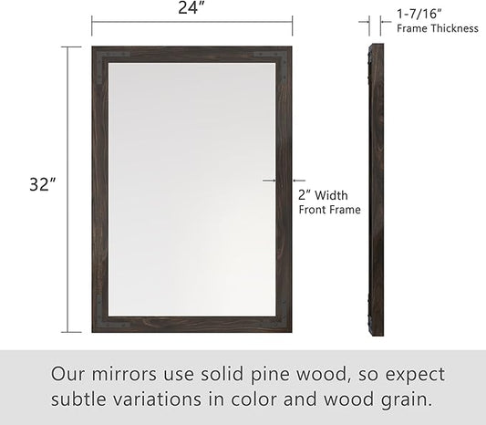 VocalStar Black Wood Framed Mirror 24 x 32 Inch, Rustic Natural Black Wooden Rectangle Bathroom Vanity Wall Mirror for Farmhouse Boho Decor, 1/4-inch Shatterproof Glass | Waterproof