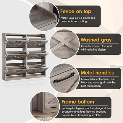 Maupvit Large Shoe Storage Cabinet with 6 Flip Drawers, Freestanding Shoe Organizer with Metal Handles for Entryway, Narrow Shoe Rack Cabinet, Washed Gray