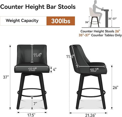Counter Height Bar Stools Set of 2, Modern Swivel Barstools with Back and Wood Legs, Faux Leather Upholstered Counter Height Stools, 26" H Kitchen Island Stools,Home Bar, Black Grey