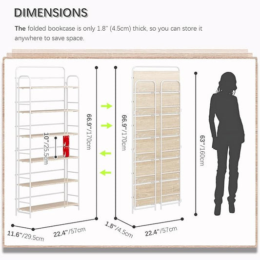 4NM No Assembly Folding Bookshelf 6 Tiers Vintage Industrial White Book Shelf Metal Foldable Storage Bookcase and Bookshelves for Living Room,Bedroom and Kitchen - Natural