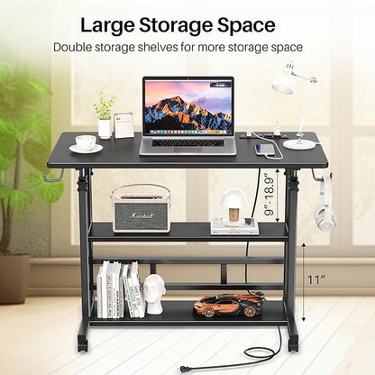 Adjustable Height Standing Desk with Power Outlets, Rolling Stand Up Desk with Storage Shelves, 31.5" Small Mobile Computer Desk, Portable Laptop Table (Black)